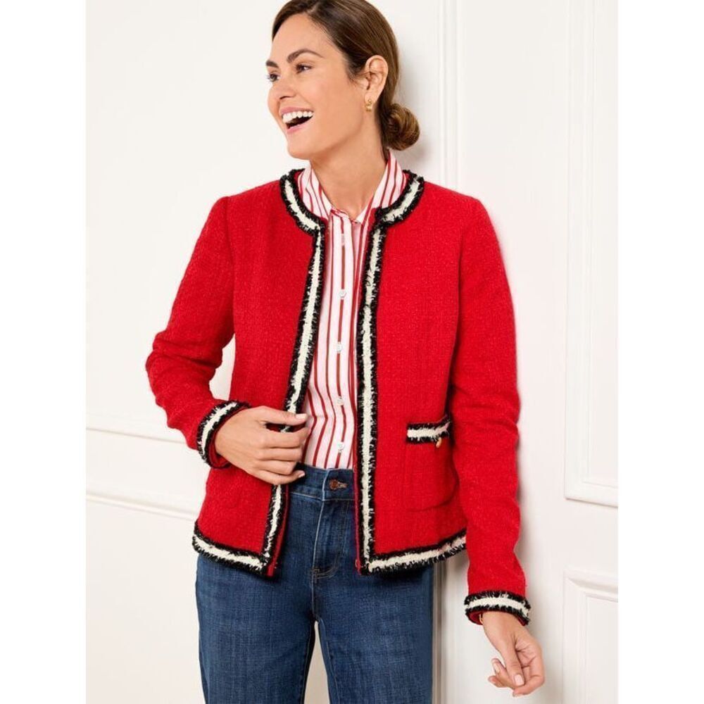 Talbots FRINGE STRIPE TWEED JACKET size 8 Petite Red Preppy